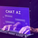Chat with AI or Artificial Intelligence technology. Man using a laptop computer chatting with an intelligent artificial intelligence asks for the answers he wants. Smart assistant futuristic, Chat AI,